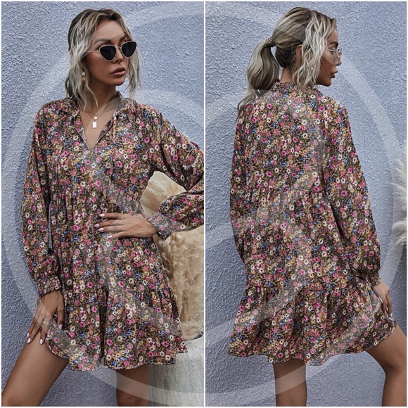 Boho floral print long sleeve v neck ruffle dress - Picture 8 of 9